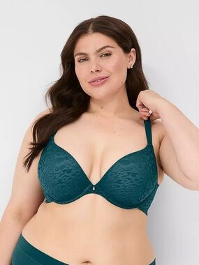 Cacique Invisible Lace Backsmoother Boost Plunge Bra Deep Teal Lane Bryant 48C